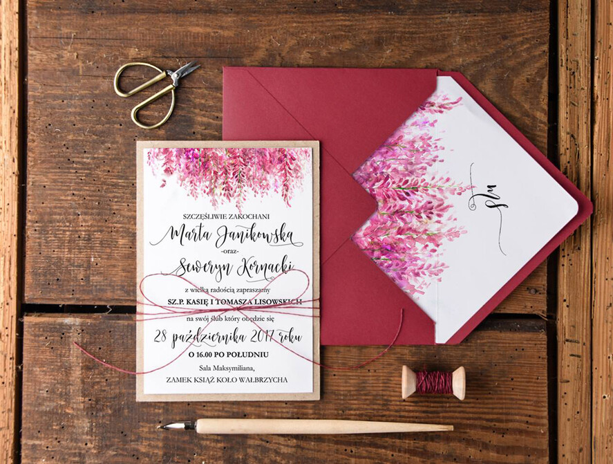 Zaproszenia ślubne Rustykalne i Natura modne bordowe zaproszenia weselne rustykalne i nowoczesne w ekologicznym stylu  0