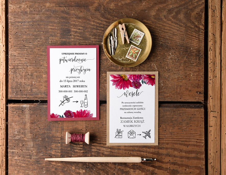 Zaproszenia ślubne Rustykalne i Natura rustykalne bordowe zaproszenia ślubne jednokartkowe zaproszenie na ślub dalie bordo w kopercie2