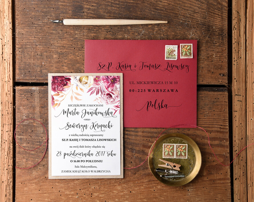 Zaproszenia ślubne Rustykalne i Natura zaproszenia bordowe na ślub ręcznie robione rustykalne i nowoczesne w ekologicznym stylu  1