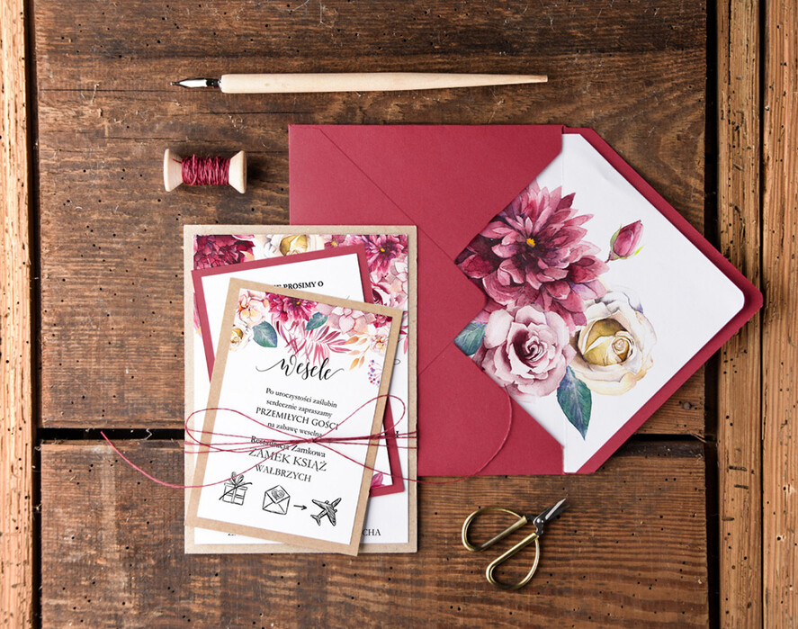 Zaproszenia ślubne Rustykalne i Natura zaproszenia bordowe na ślub ręcznie robione rustykalne i nowoczesne w ekologicznym stylu  3