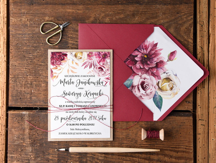 Zaproszenia ślubne Rustykalne i Natura zaproszenia bordowe na ślub ręcznie robione rustykalne i nowoczesne w ekologicznym stylu  5