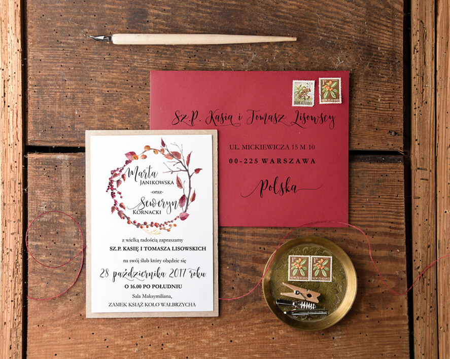 Zaproszenia ślubne Rustykalne i Natura  bordowe zaproszenia ślubne w stylu rustykalnym  1