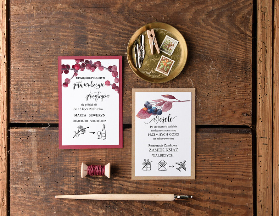 Zaproszenia ślubne Rustykalne i Natura  bordowe zaproszenia ślubne w stylu rustykalnym  2