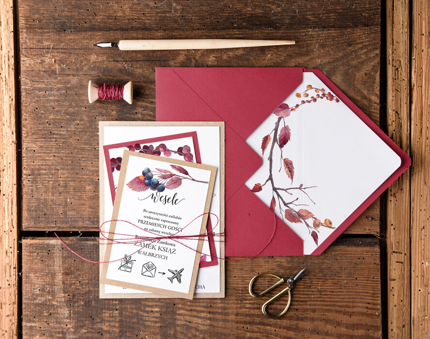Zaproszenia ślubne Rustykalne i Natura  bordowe zaproszenia ślubne w stylu rustykalnym  3