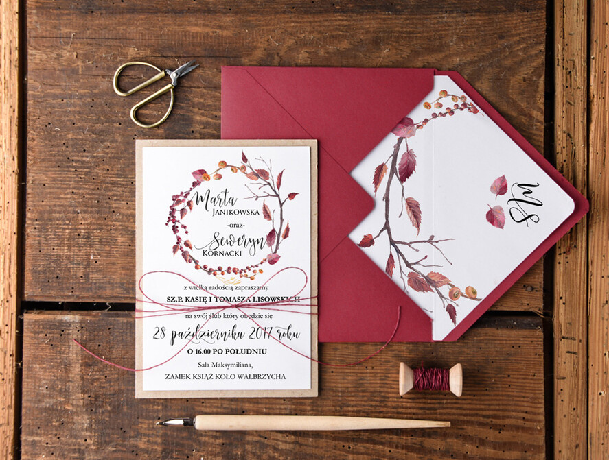 Zaproszenia ślubne Rustykalne i Natura  bordowe zaproszenia ślubne w stylu rustykalnym  5