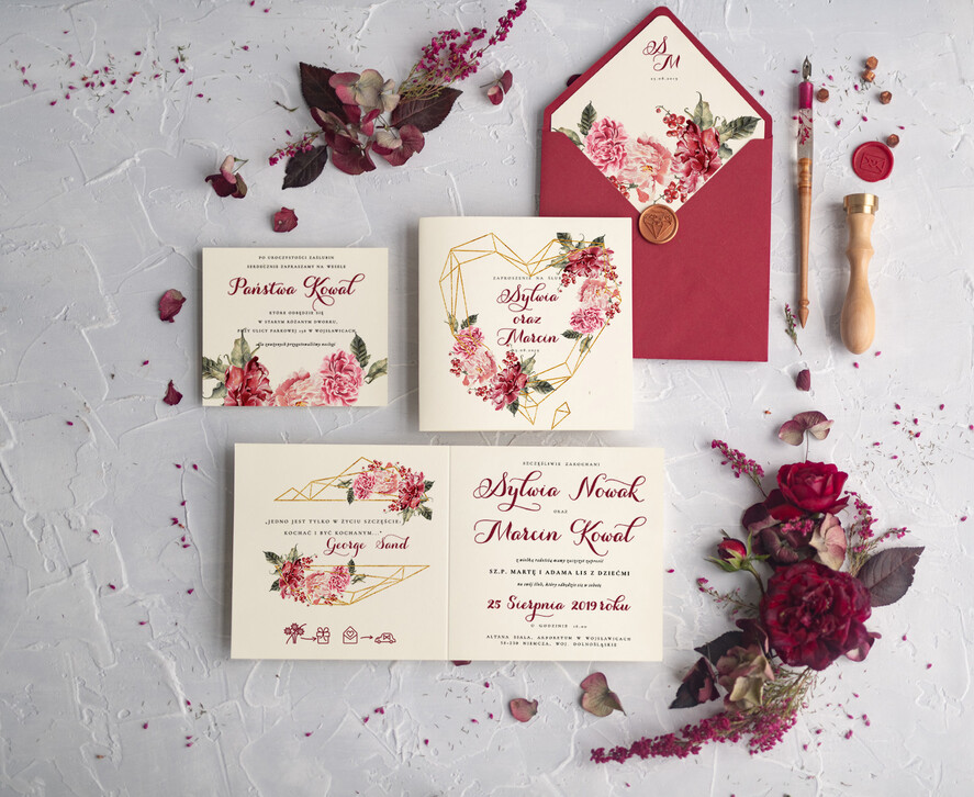 Zaproszenia ślubne Rustykalne i Natura rustykalne bordowe zaproszenia ślubne, boho kwiaty zaproszenie na ślub bordo koperta 1