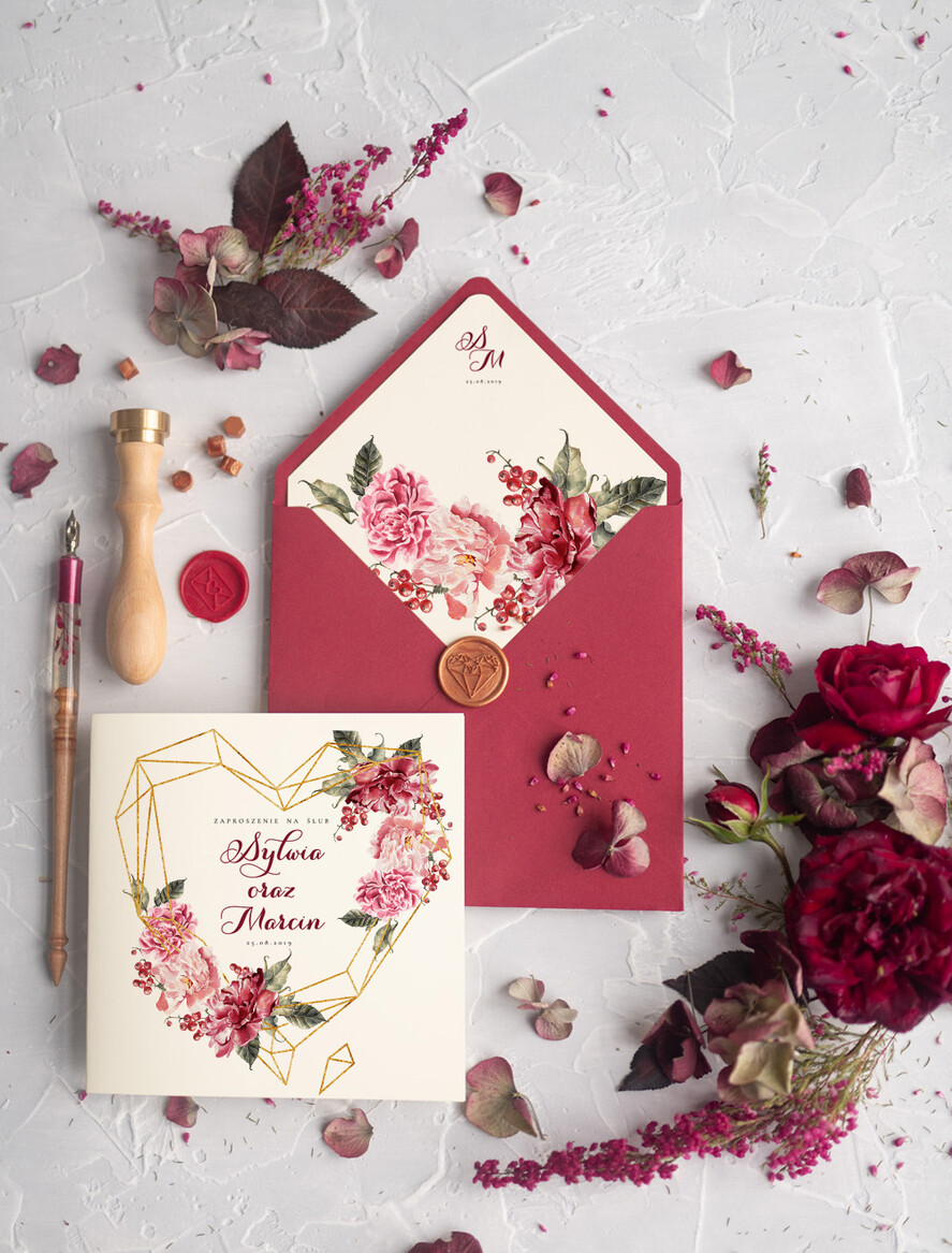 Zaproszenia ślubne Rustykalne i Natura rustykalne bordowe zaproszenia ślubne, boho kwiaty zaproszenie na ślub bordo koperta 3