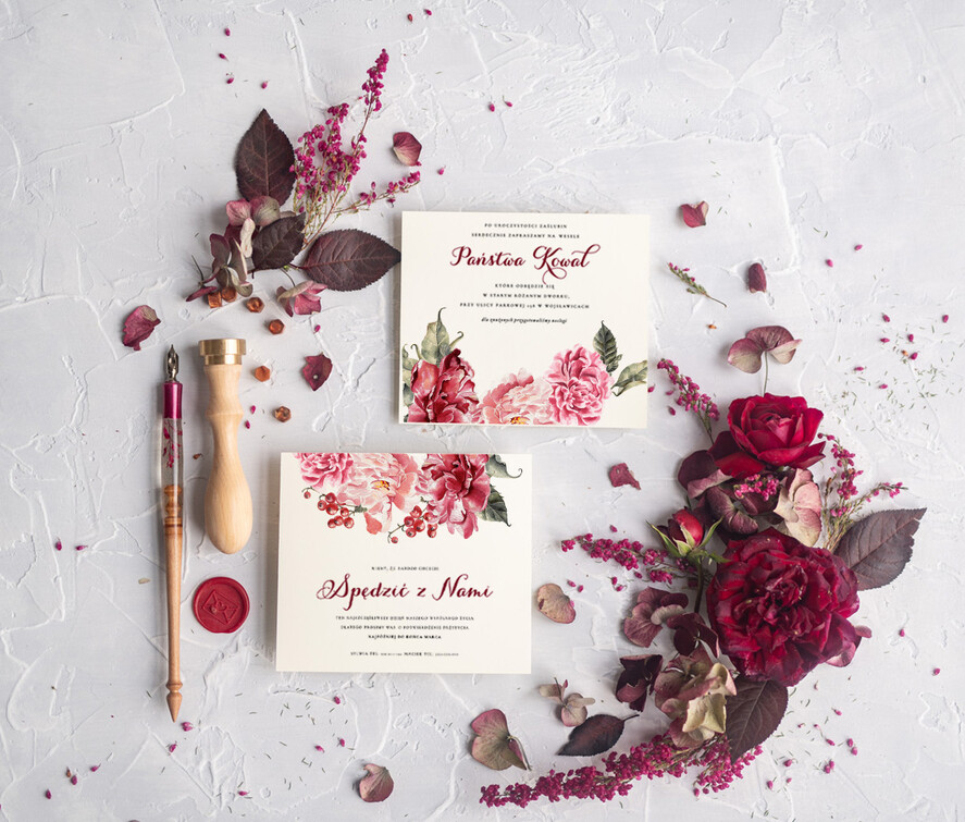 Zaproszenia ślubne Rustykalne i Natura rustykalne bordowe zaproszenia ślubne, boho kwiaty zaproszenie na ślub bordo koperta 7