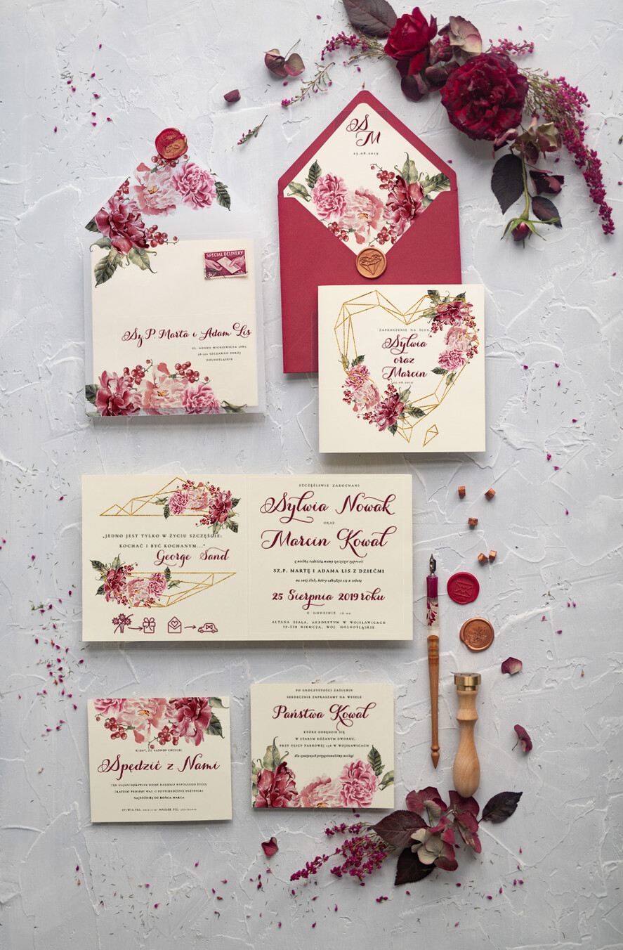 Zaproszenia ślubne Rustykalne i Natura rustykalne bordowe zaproszenia ślubne, boho kwiaty zaproszenie na ślub bordo koperta 0