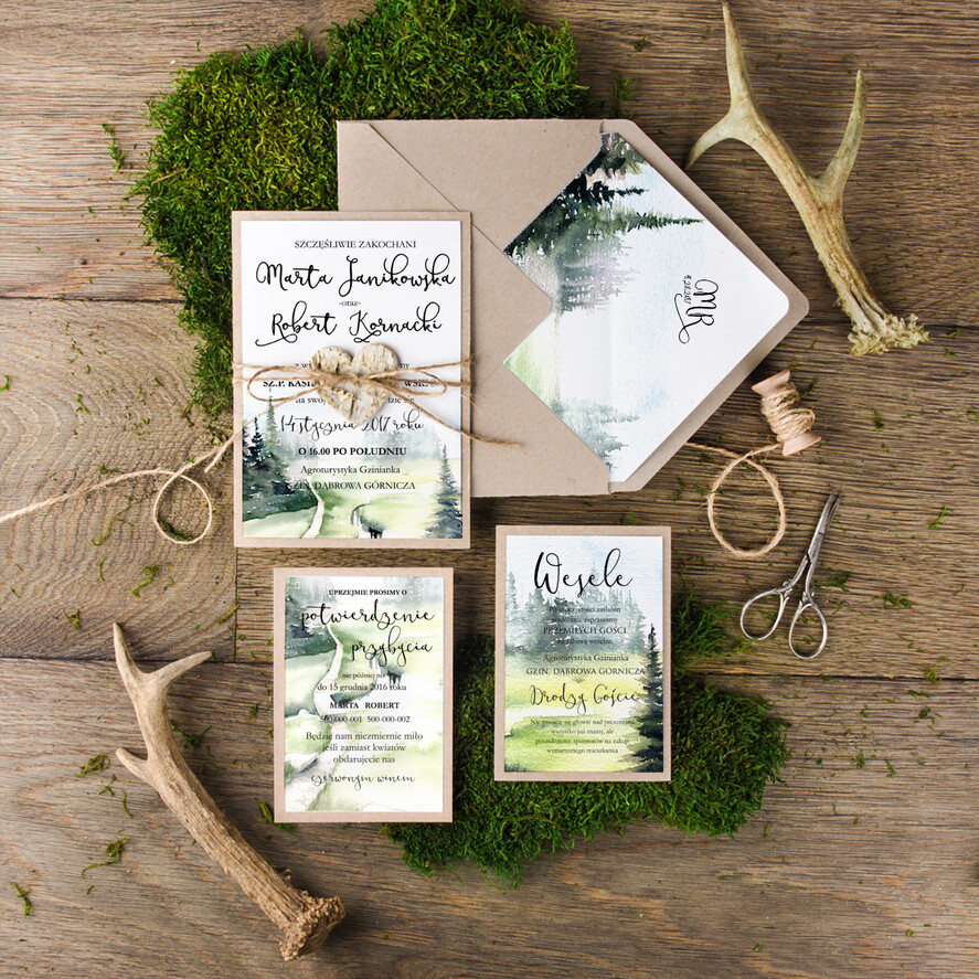 Zaproszenia ślubne Rustykalne i Natura rustykalne zaproszenia z korowym sercem w stylu leśnym2