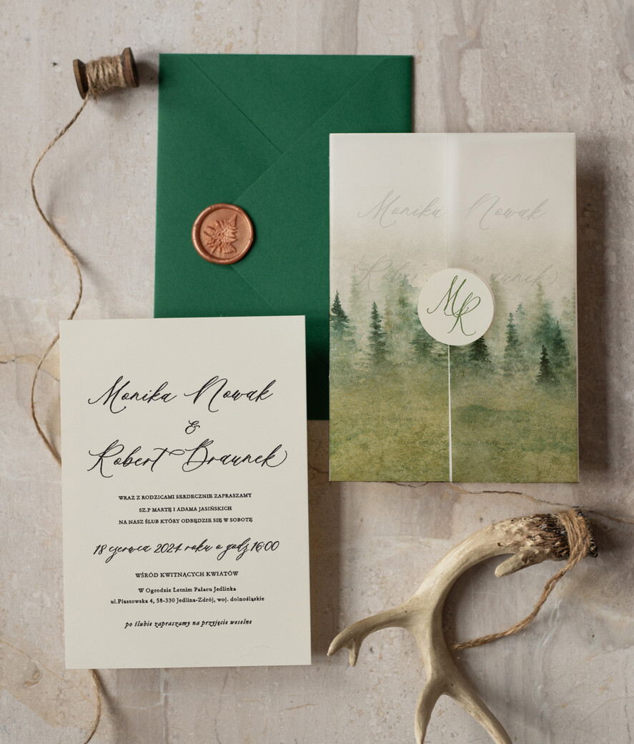 Zaproszenia ślubne Rustykalne i Natura nowoczesne zaproszenia ślubne, rustykalne ekologiczne zaproszenia slubne, zaproszenia z grafiką lasu, zaproszenia slubne z kalką 4
