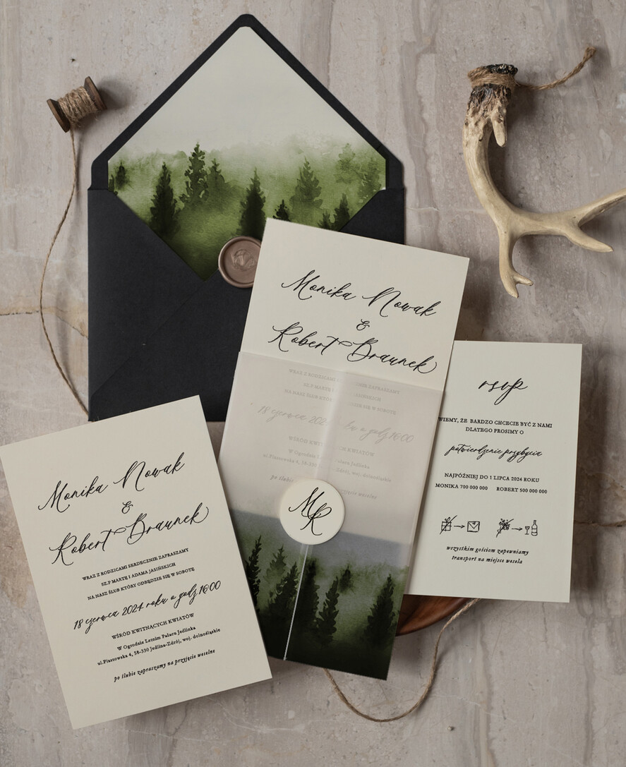 Zaproszenia ślubne Rustykalne i Natura niepowtarzalne zaproszenia ślubne, rustykalne ekologiczne na letnie wesele, zaproszenia z grafiką lasu, zaproszenia slubne z kalką 4