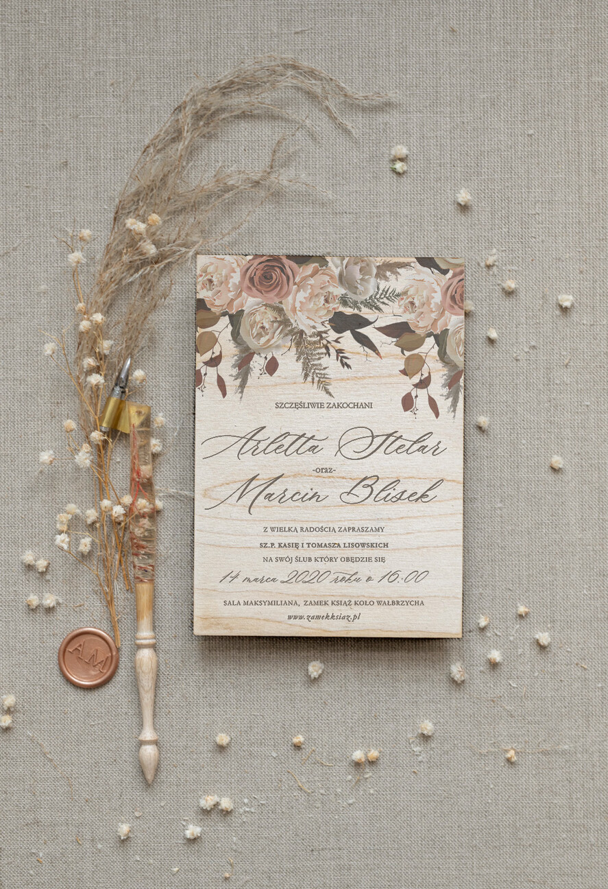 Zaproszenia ślubne Rustykalne i Natura zaproszenia ślubne boho druk treści na drewnie 1