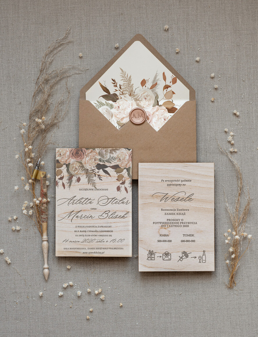 Zaproszenia ślubne Rustykalne i Natura zaproszenia ślubne boho druk treści na drewnie 0