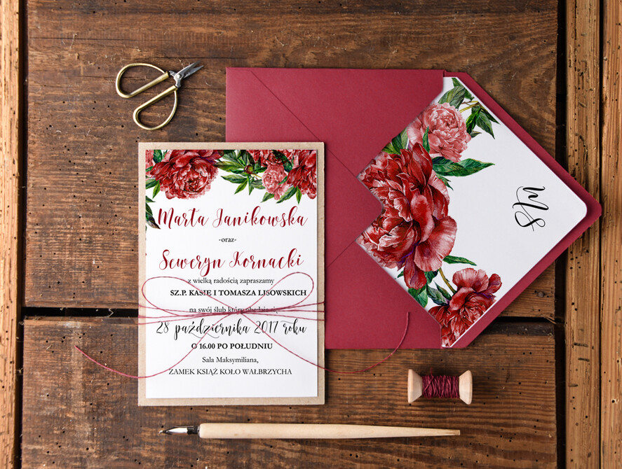 Zaproszenia ślubne Rustykalne i Natura bordowe kartki ślubne ręcznie robione eko rustykalne na wesele w zgodzie z naturą  2