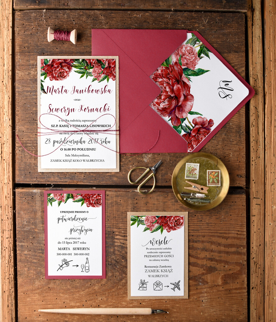 Zaproszenia ślubne Rustykalne i Natura bordowe kartki ślubne ręcznie robione eko rustykalne na wesele w zgodzie z naturą  0