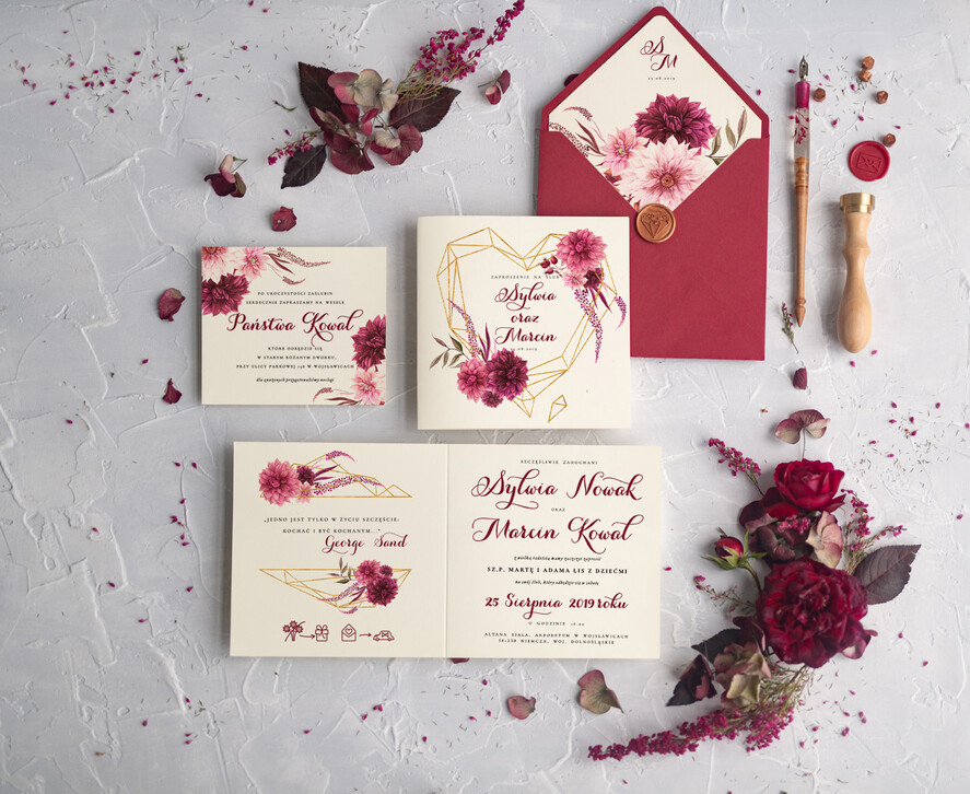 Zaproszenia ślubne Rustykalne i Natura rustykalne zaproszenia ślubne bordowe geometryczne serce bordo kwiaty zaproszenie na ślub na ślub cywilny i nie tylko2