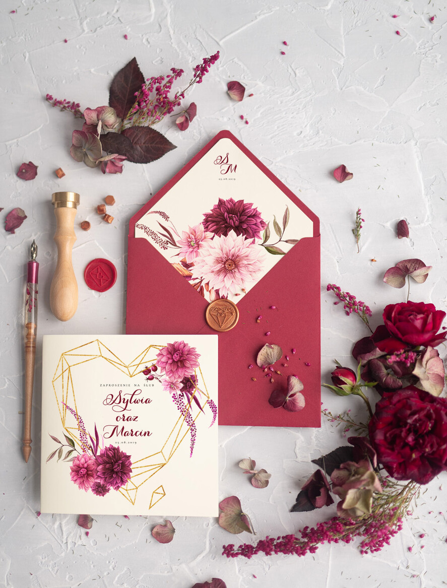 Zaproszenia ślubne Rustykalne i Natura rustykalne zaproszenia ślubne bordowe geometryczne serce bordo kwiaty zaproszenie na ślub na ślub cywilny i nie tylko3