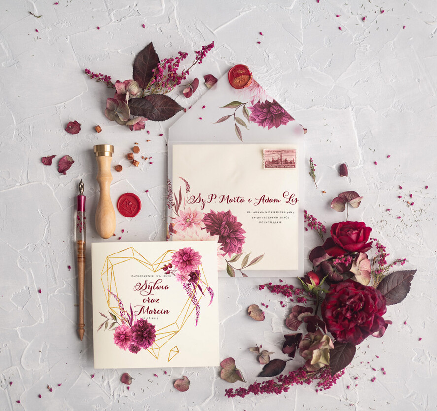 Zaproszenia ślubne Rustykalne i Natura rustykalne zaproszenia ślubne bordowe geometryczne serce bordo kwiaty zaproszenie na ślub na ślub cywilny i nie tylko5