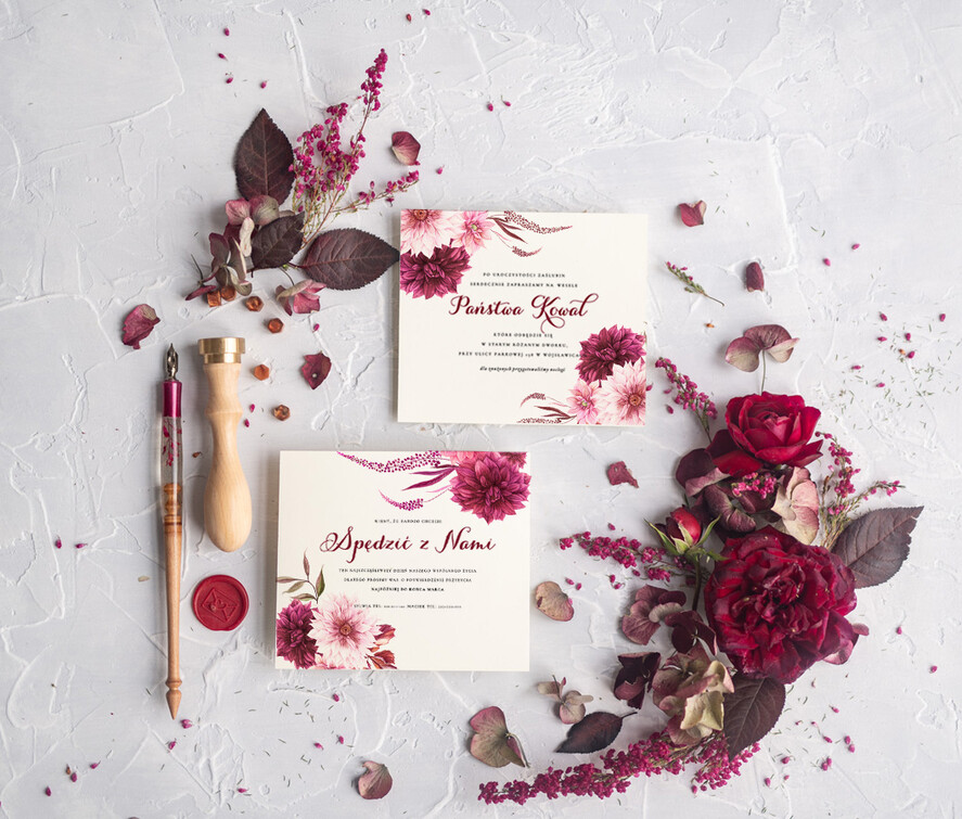 Zaproszenia ślubne Rustykalne i Natura rustykalne zaproszenia ślubne bordowe geometryczne serce bordo kwiaty zaproszenie na ślub na ślub cywilny i nie tylko6