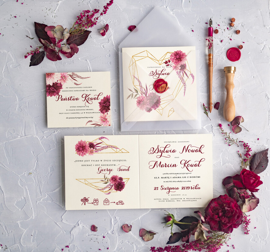 Zaproszenia ślubne Rustykalne i Natura rustykalne zaproszenia ślubne bordowe geometryczne serce bordo kwiaty zaproszenie na ślub na ślub cywilny i nie tylko7