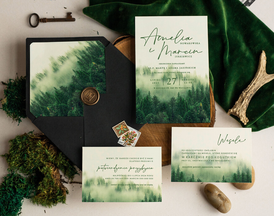 Zaproszenia ślubne Rustykalne i Natura rustykalne zaproszenia ślubne, zaproszenia z lasem w stylu rustykalnym, zielone zaproszenia slubne, zaproszenia z kopertą i bilecikami0