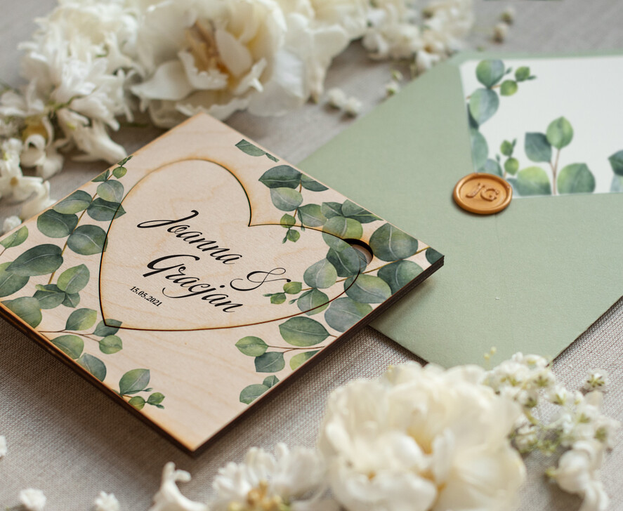 Zaproszenia ślubne Rustykalne i Natura drewniane rustykalne zaproszenia ślubne boho zaproszenie na ślub  z eukaliptusem 2