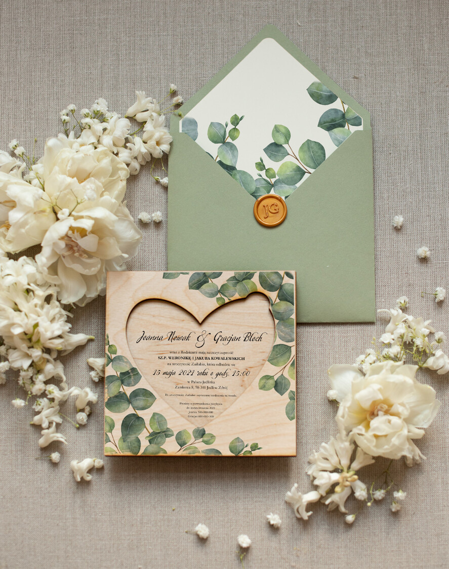 Zaproszenia ślubne Rustykalne i Natura drewniane rustykalne zaproszenia ślubne boho zaproszenie na ślub  z eukaliptusem 3