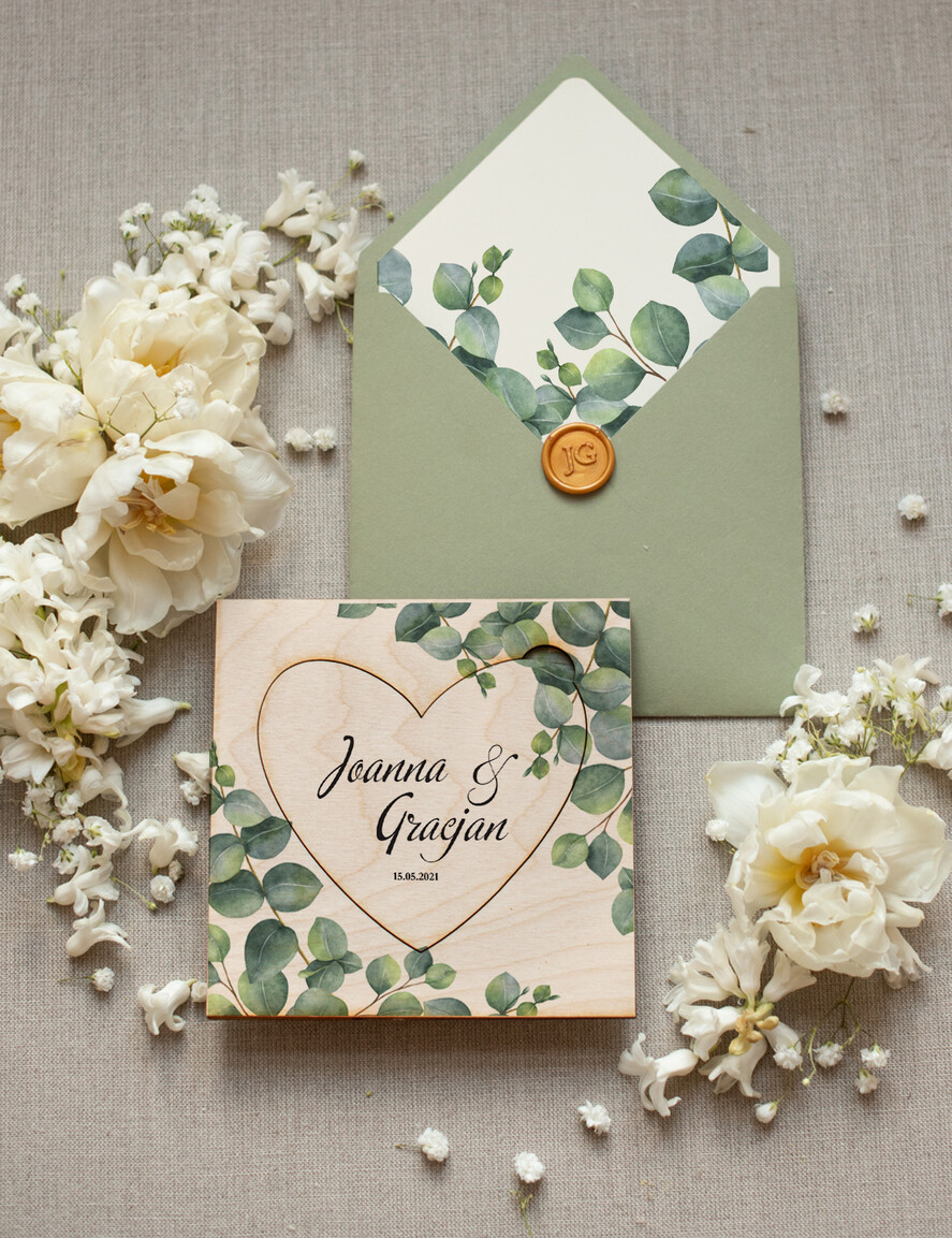 Zaproszenia ślubne Rustykalne i Natura drewniane rustykalne zaproszenia ślubne boho zaproszenie na ślub  z eukaliptusem 4