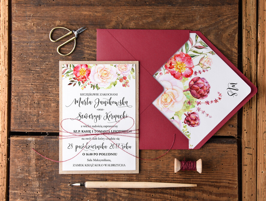 Zaproszenia ślubne Rustykalne i Natura nowoczesne bordowe zaproszenia na ślub w stylu rustykalnym na ekologiczne wesele  1