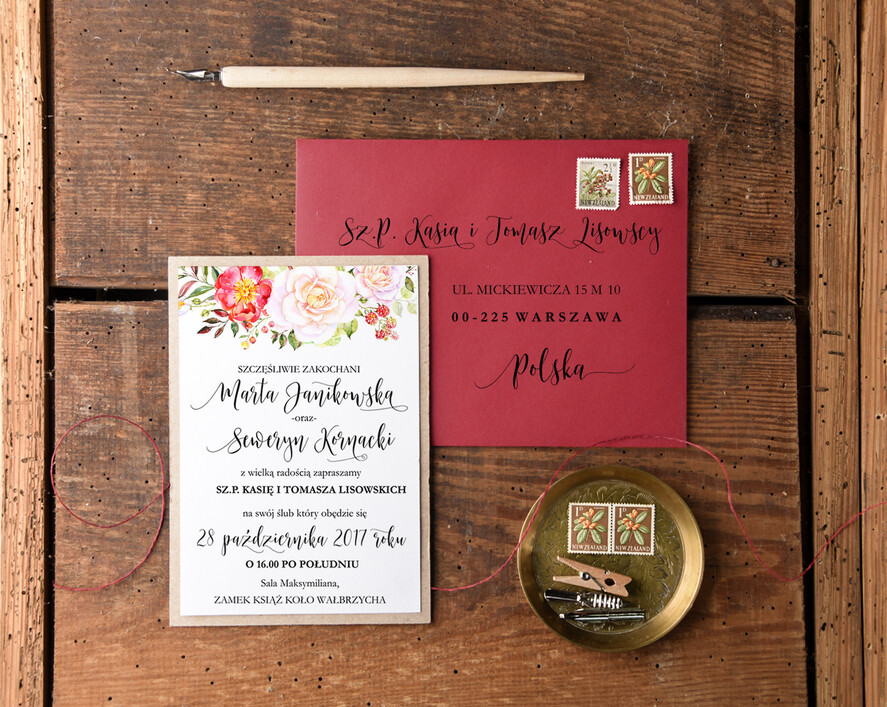 Zaproszenia ślubne Rustykalne i Natura nowoczesne bordowe zaproszenia na ślub w stylu rustykalnym na ekologiczne wesele  2