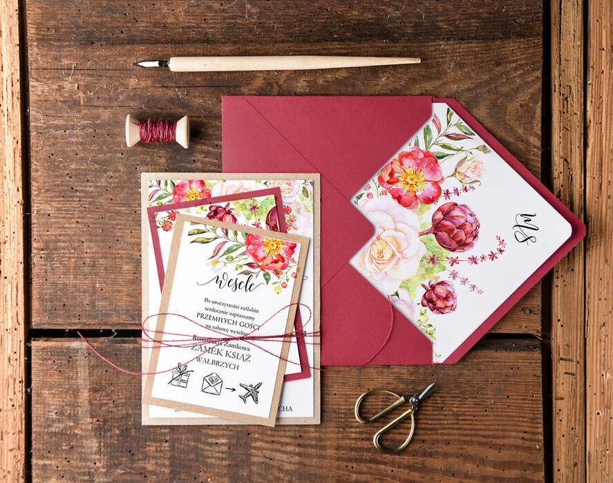 Zaproszenia ślubne Rustykalne i Natura nowoczesne bordowe zaproszenia na ślub w stylu rustykalnym na ekologiczne wesele  4
