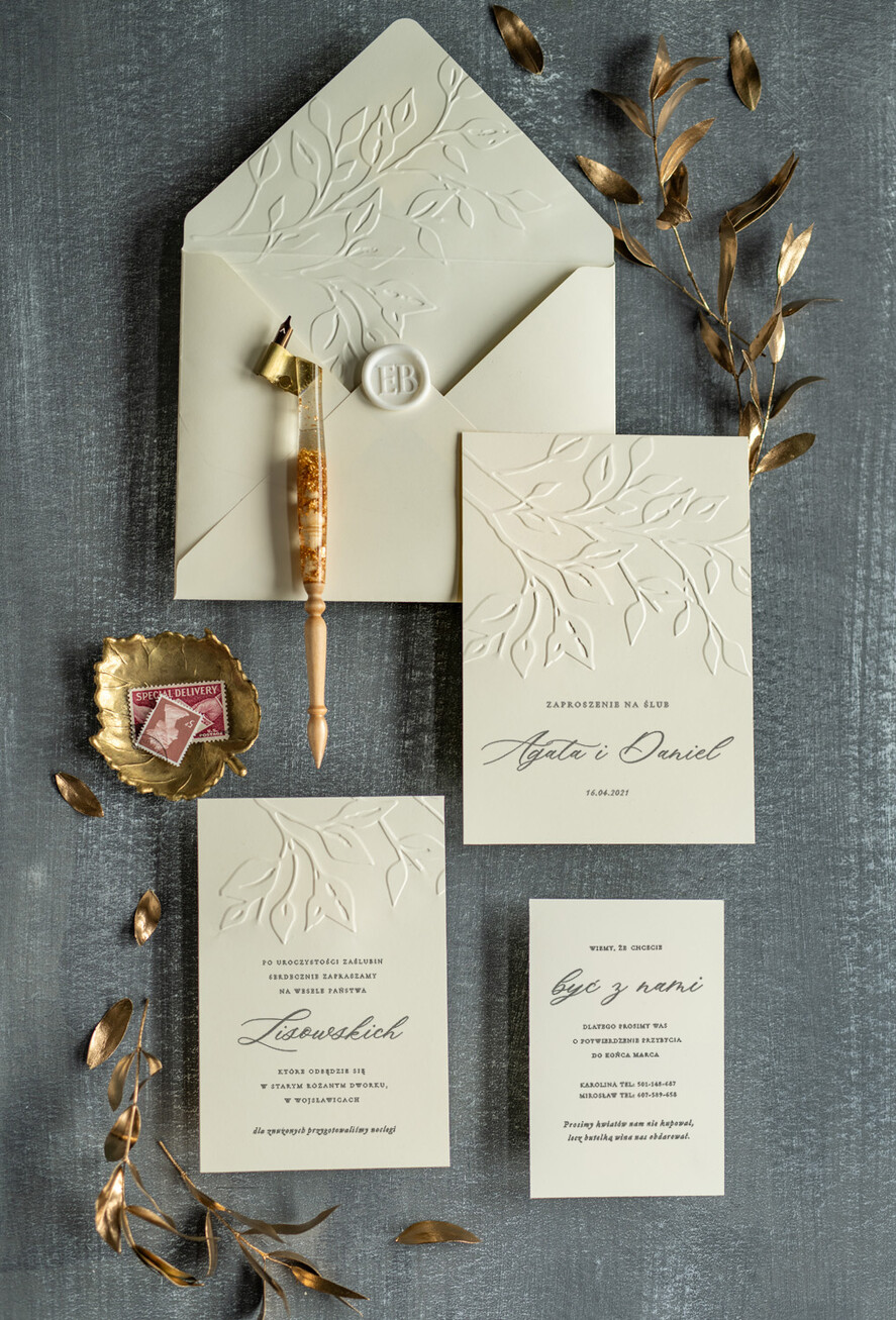 Zaproszenia ślubne Rustykalne i Natura Proste zaproszenia ślubne Kremowe Tłoczone Listki Składane Minimalistyczne Zaproszenia na Ślub Klasyczne Zaproszenie na ślub Cywilny9