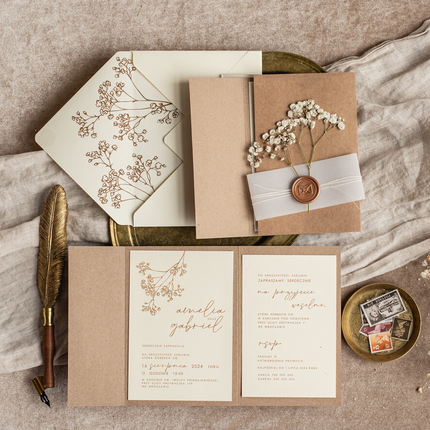 Zaproszenia ślubne Rustykalne i Natura zaproszenia ślubne ręcznie robione w stylu rustykalnym gałązki gipsówki, naturalna suszona gipsówka zaproszenie na ślub1