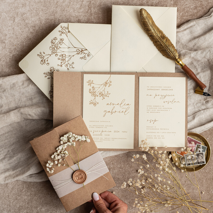 Zaproszenia ślubne Rustykalne i Natura zaproszenia ślubne ręcznie robione w stylu rustykalnym gałązki gipsówki, naturalna suszona gipsówka zaproszenie na ślub4