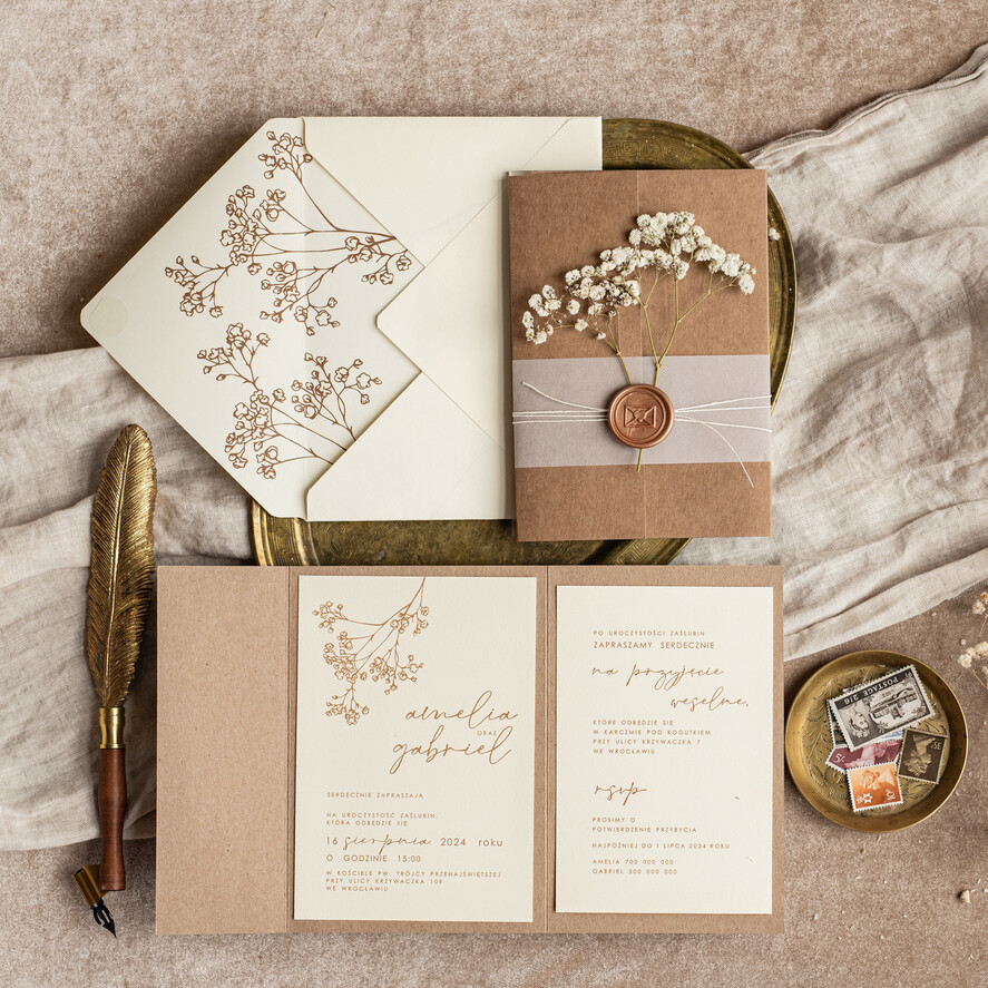 Zaproszenia ślubne Rustykalne i Natura zaproszenia ślubne ręcznie robione w stylu rustykalnym gałązki gipsówki, naturalna suszona gipsówka zaproszenie na ślub0