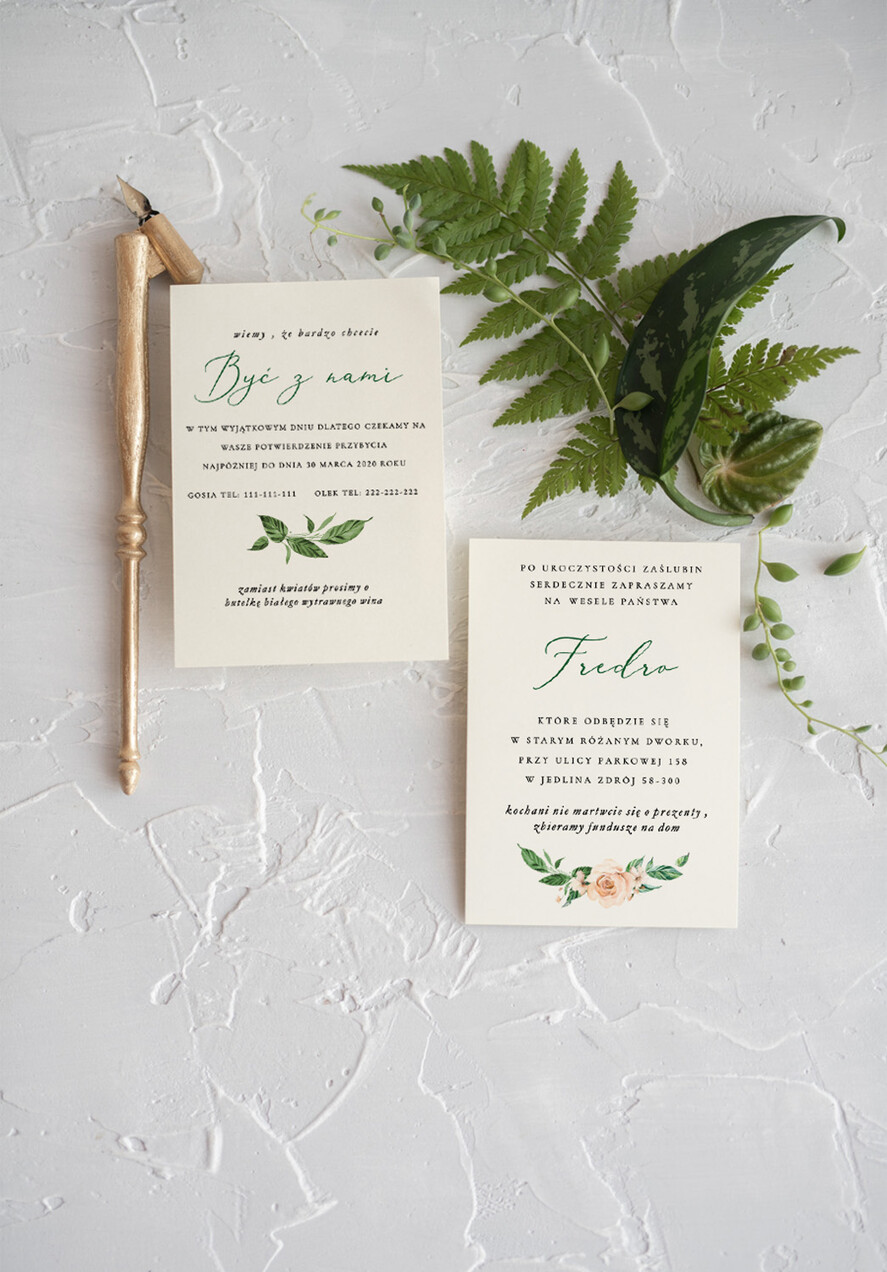 Zaproszenia ślubne Rustykalne i Natura zielone zaproszenia na ślub w stylu rustykalnym z kwiatami i kolorową kokardą 1
