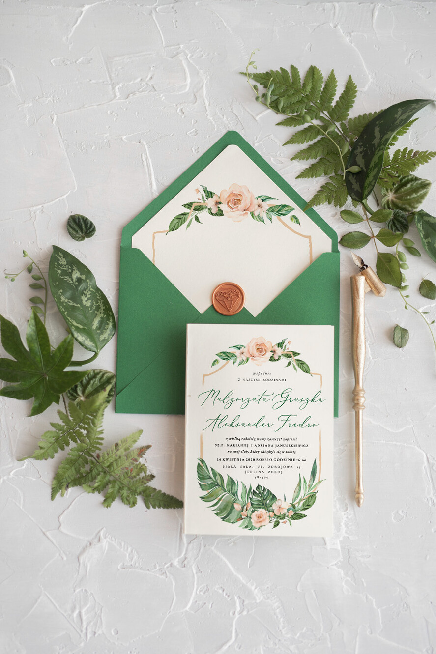 Zaproszenia ślubne Rustykalne i Natura zielone zaproszenia na ślub w stylu rustykalnym z kwiatami i kolorową kokardą 4