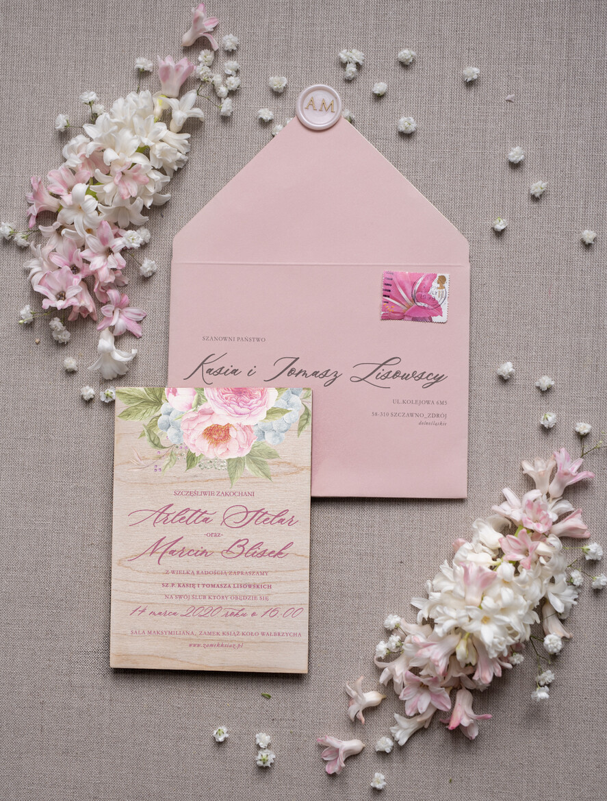 Zaproszenia ślubne Rustykalne i Natura drewniane zaproszenia ślubne boho w różowych kolorach 3