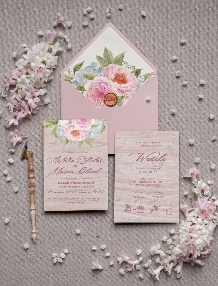 Zaproszenia ślubne Rustykalne i Natura drewniane zaproszenia ślubne boho w różowych kolorach 0