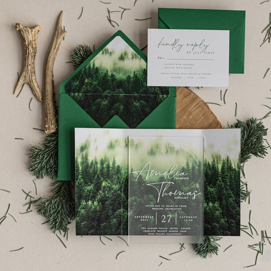 Zaproszenia ślubne Rustykalne i Natura zaproszenia ślubne z satynowej pleksy, zielone zaproszenia na ślub, eleganckie zaproszenia z pleksy, zaproszenia na slub satynowe szkło6