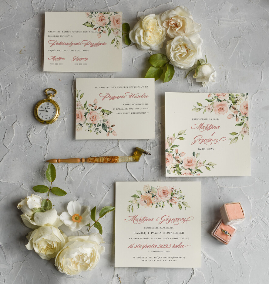 Zaproszenia ślubne Rustykalne i Natura Rustykalne Zaproszenia Ślubne Boho Róże  Zaproszenia na Rustykalny Ślub Boho Kwiaty  Zaproszenie na Ślub 1