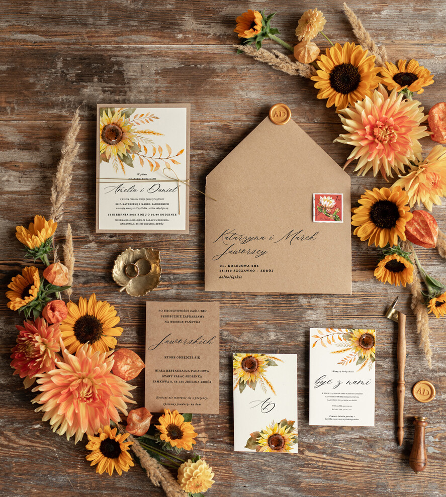 Zaproszenia ślubne Rustykalne i Natura Rustykalne  zaproszenia ślubne, Jesienne Słoneczniki zaproszenie ślubne Nowoczesne zaproszenie na ślub ze słonecznikami2