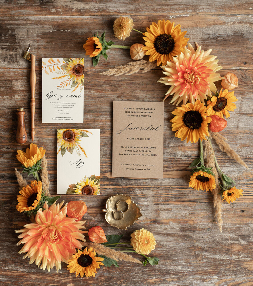 Zaproszenia ślubne Rustykalne i Natura Rustykalne  zaproszenia ślubne, Jesienne Słoneczniki zaproszenie ślubne Nowoczesne zaproszenie na ślub ze słonecznikami3