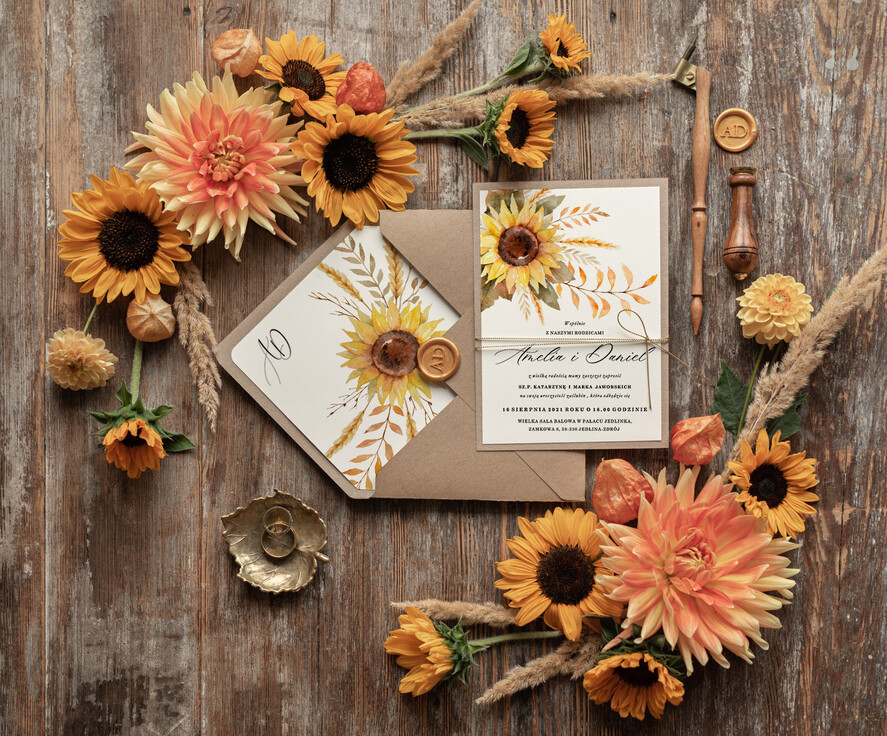 Zaproszenia ślubne Rustykalne i Natura Rustykalne  zaproszenia ślubne, Jesienne Słoneczniki zaproszenie ślubne Nowoczesne zaproszenie na ślub ze słonecznikami4