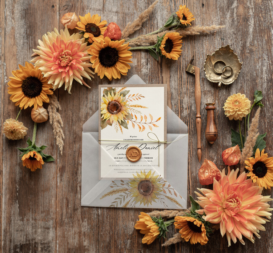 Zaproszenia ślubne Rustykalne i Natura Rustykalne  zaproszenia ślubne, Jesienne Słoneczniki zaproszenie ślubne Nowoczesne zaproszenie na ślub ze słonecznikami5