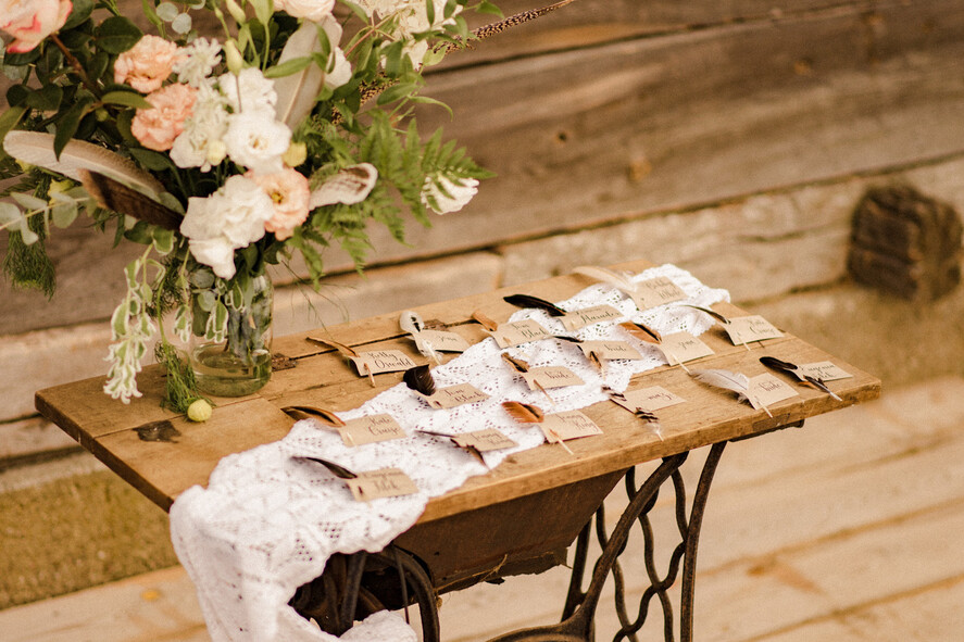 Winietki Boho/etno/pióra boho winietki ślubne  z prawdziwymi piórami ekologiczne karteczki winiety na weselny stół0