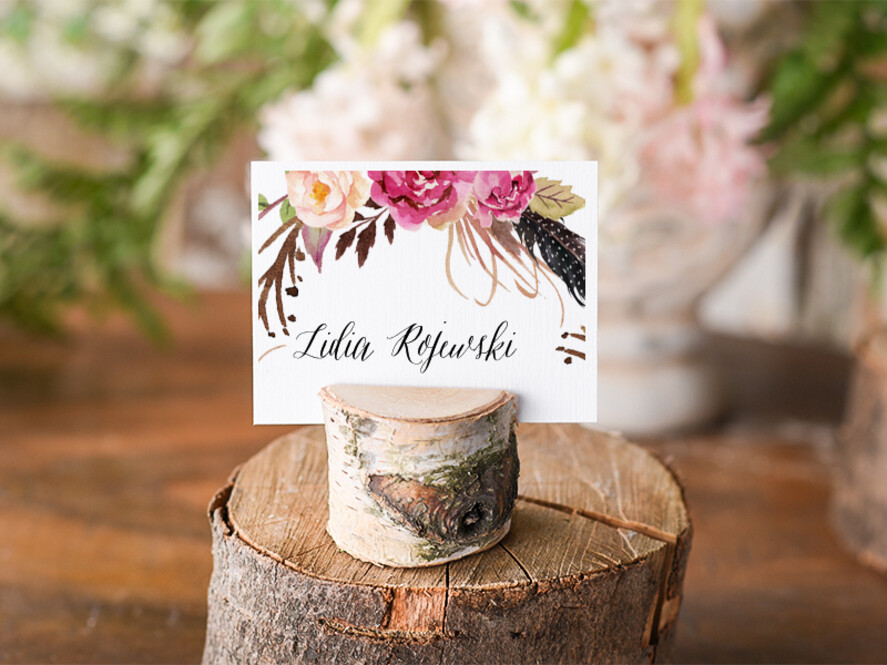 Winietki Boho/etno/pióra ślubne wizytówki winietki na stół weselny0