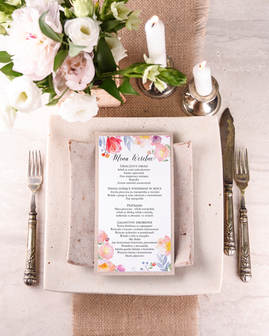Menu boho menu weselne karta dań weselnych, boho z dowoną treścią1