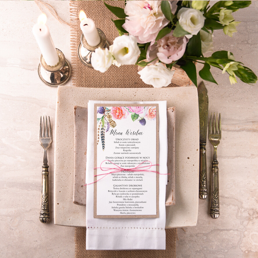 Menu boho ślubne menu karta potraw weselnych, w stylu boho wasza treść1